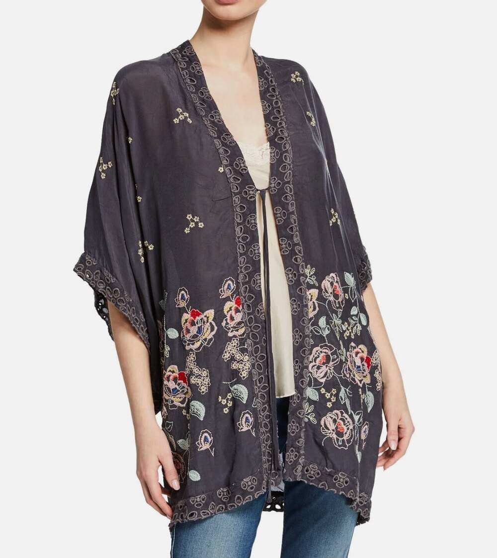 Johnny Was Elijah Kimono in Gray Embroidered Floral Size XS